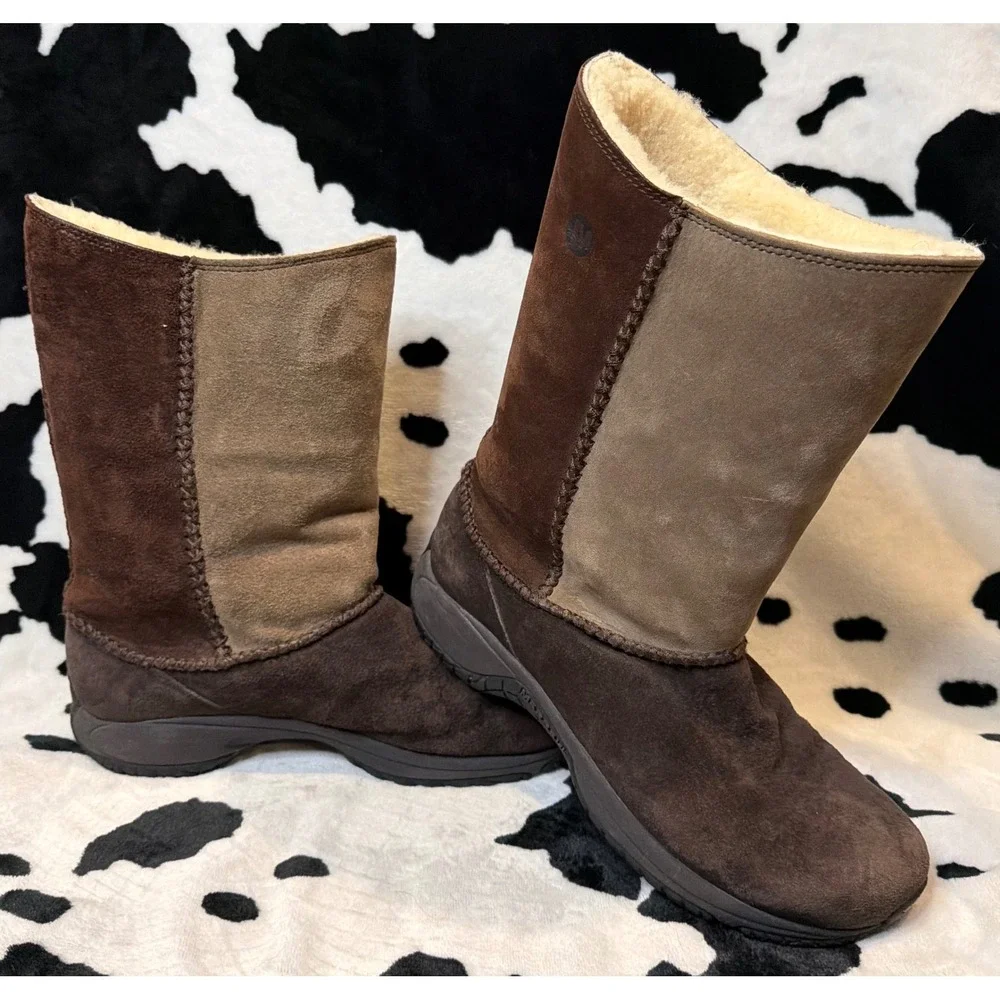 Merrell Womens Brown Suede Mid Calf Winter Boots Faux Fur Lined Air Cushion Sole